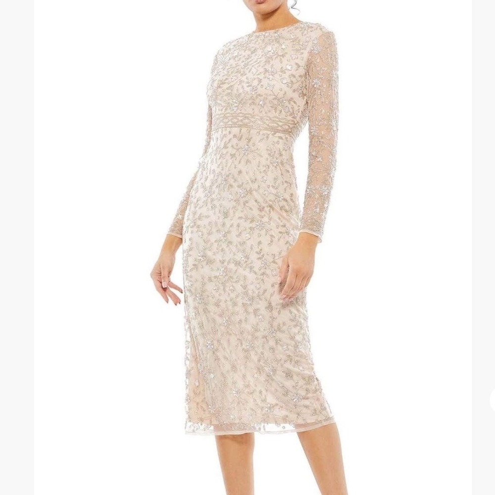 New MacDuggal Sz 6 10812 Porcelain Pink Nude Bead Floral Long Sleeve Midi Dress